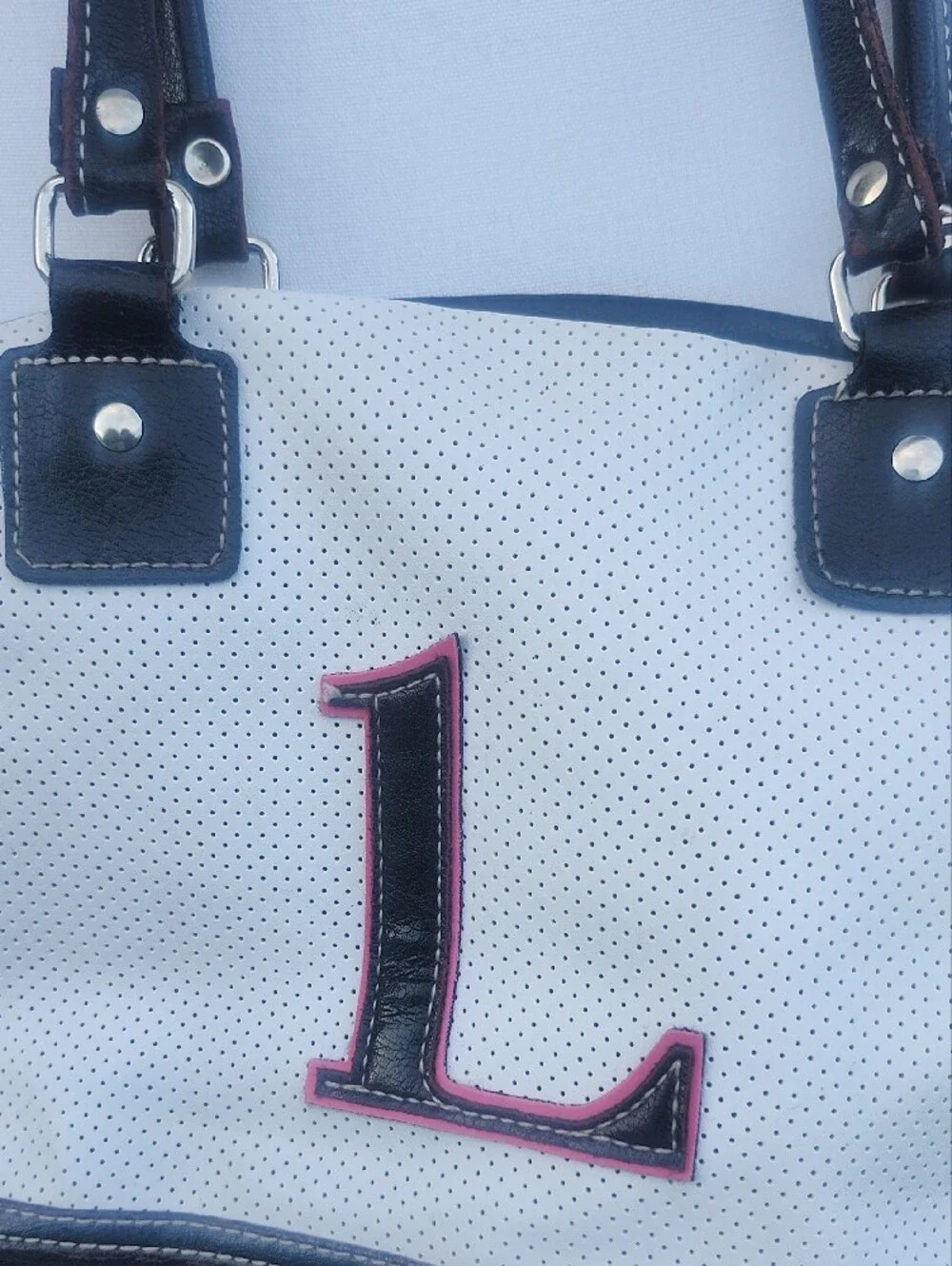 Y2k White Perforated Tote with Black Trim and Pink Monogram